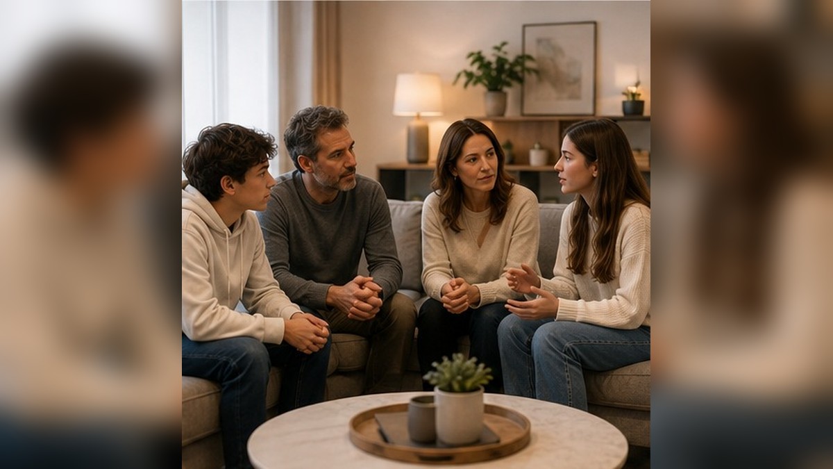 Família reunida em conversa sobre conflitos familiares
