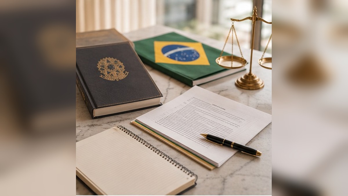 Livros jurídicos e documentos representando a Lei de Mediação